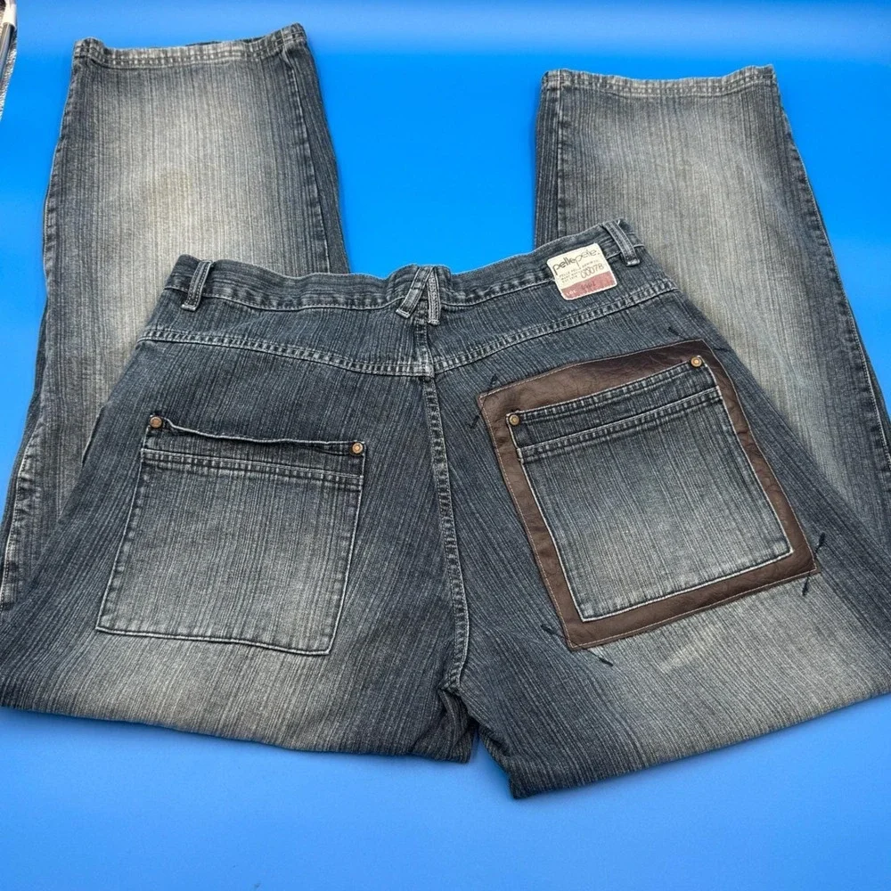 Y2K VTG Pelle Pelle Mens Jeans Dark Wash Leather Pocket Relaxed Fit Size‎ 40x34